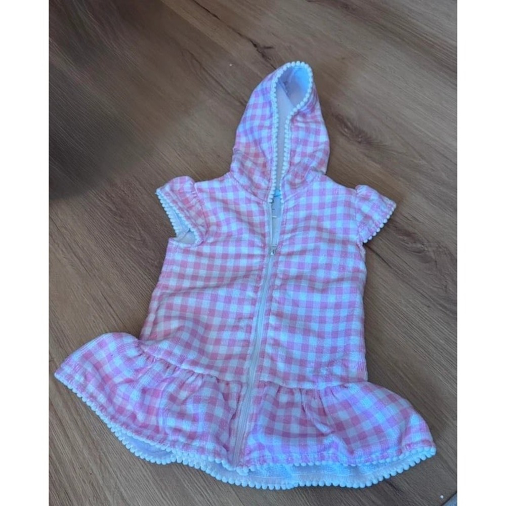 Classic Whimsy Girls Pink Gingham Terry Cloth Hooded Swim Cover Up Ruffle 2T